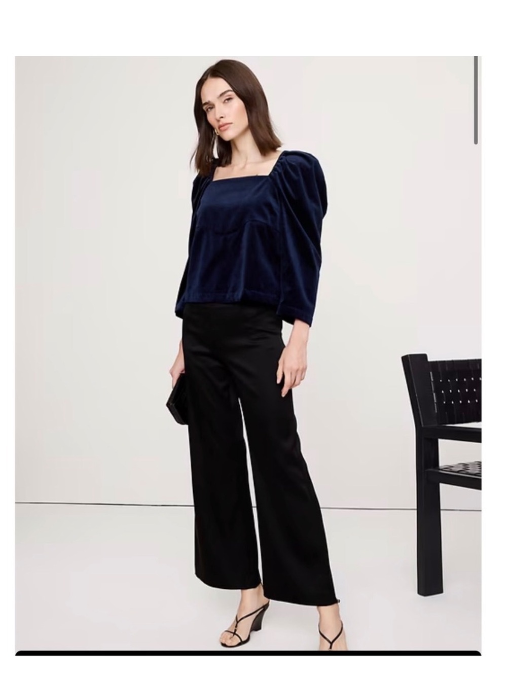 Banana Republic Navy Velvet Puff Sleeve Cotton Back Bow Too